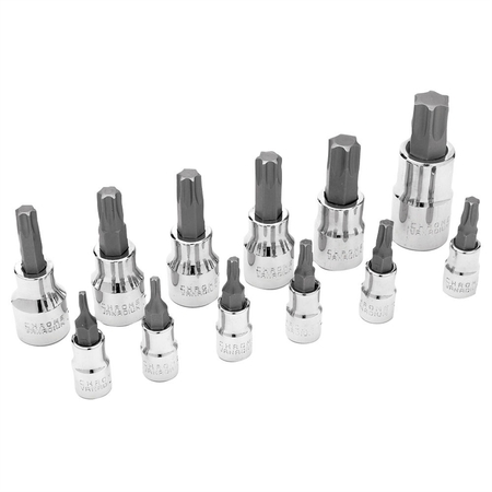 PERFORMANCE TOOL Chrome Torx Bit Socket Set, 12 Piece, 1/4", 3/8" and 1/2" Drive, T15 - T60 Internal Torx Bit Sockets W38802